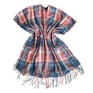 PONCHO ~ Women’s Plaid Pink and Blue and White One Size Fits All